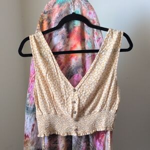 American Eagle Outfitters Cream Smocked Sleeveless Tank Top